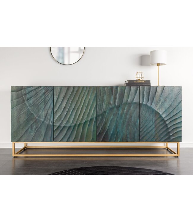 Invicta Interior Massief dressoir SCORPION 180cm turquoise mangohout goud metaal 3D houtsnijwerk - 45644