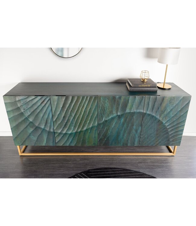 Invicta Interior Massief dressoir SCORPION 180cm turquoise mangohout goud metaal 3D houtsnijwerk - 45644