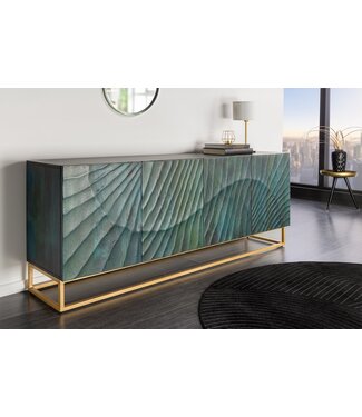Invicta Interior Massief dressoir SCORPION 180cm turquoise mangohout goud metaal 3D houtsnijwerk - 45644