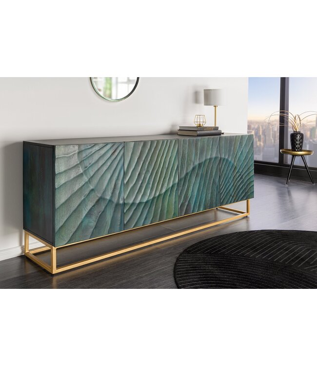 Invicta Interior Massief dressoir SCORPION 180cm turquoise mangohout goud metaal 3D houtsnijwerk - 45644