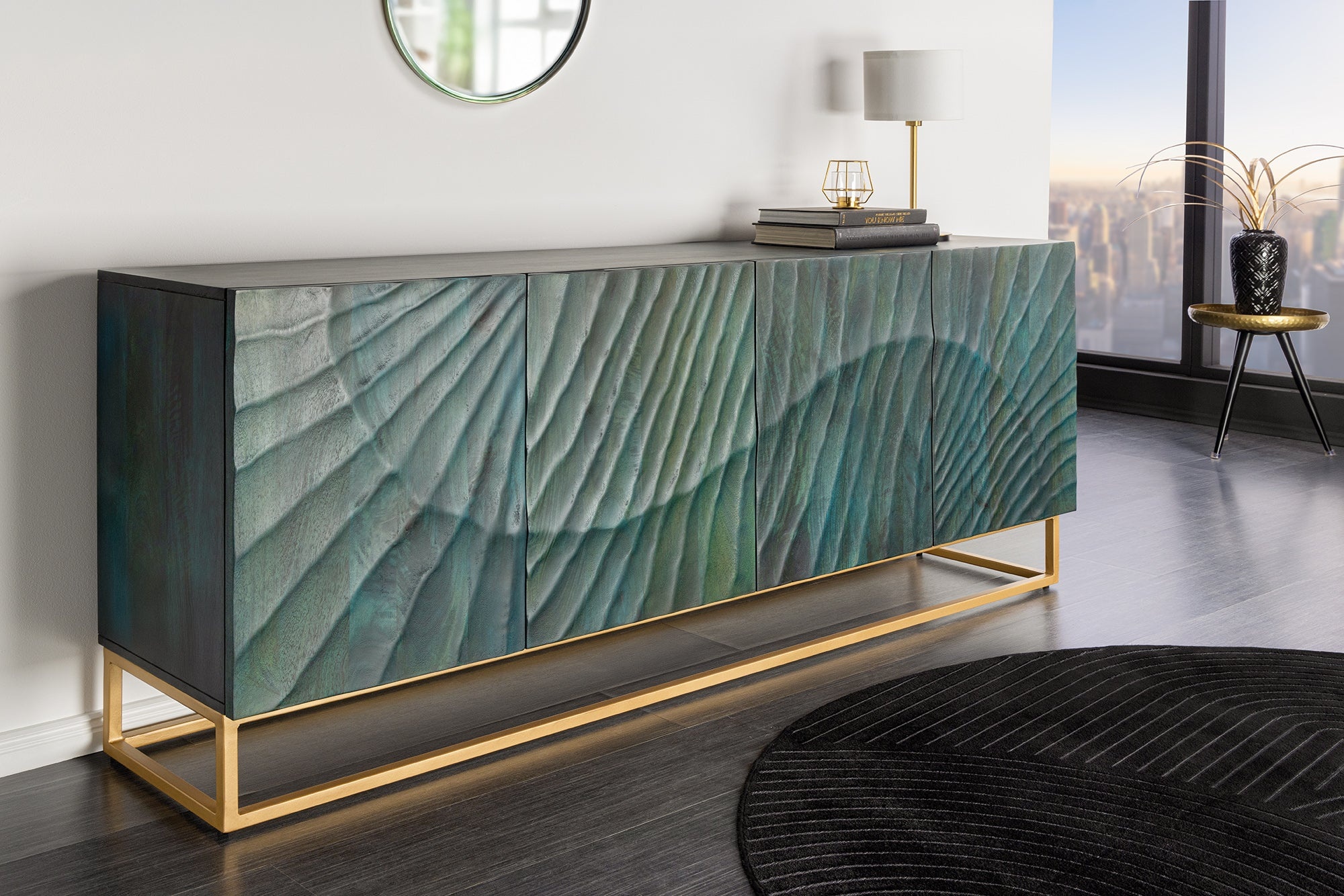 Massief dressoir SCORPION 180cm turquoise mangohout goud metaal 3D houtsnijwerk - 45644 afbeelding