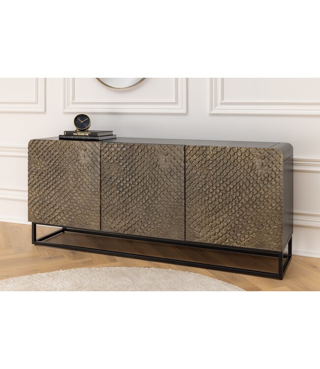 Invicta Interior Massief dressoir SNAKE 160cm bruin mangohout met 3D houtsnijwerk zwart slangendessin - 44656