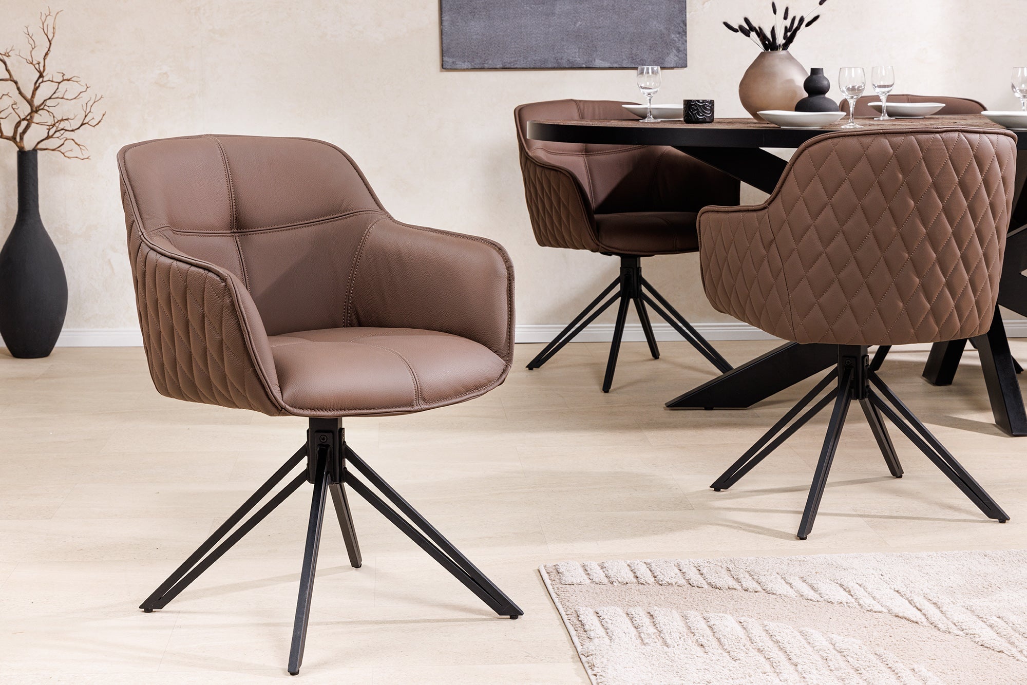 Draaibare Design Stoel EUPHORIA Bruin Echt Leer Zwart Metalen Frame met Armleuning - 45861 afbeelding