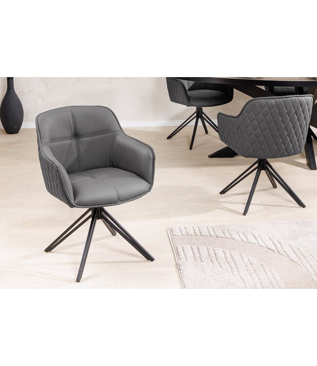 Invicta Interior Draaibare designstoel EUPHORIA Grijs echt leer zwart metalen frame met armleuning - 45860