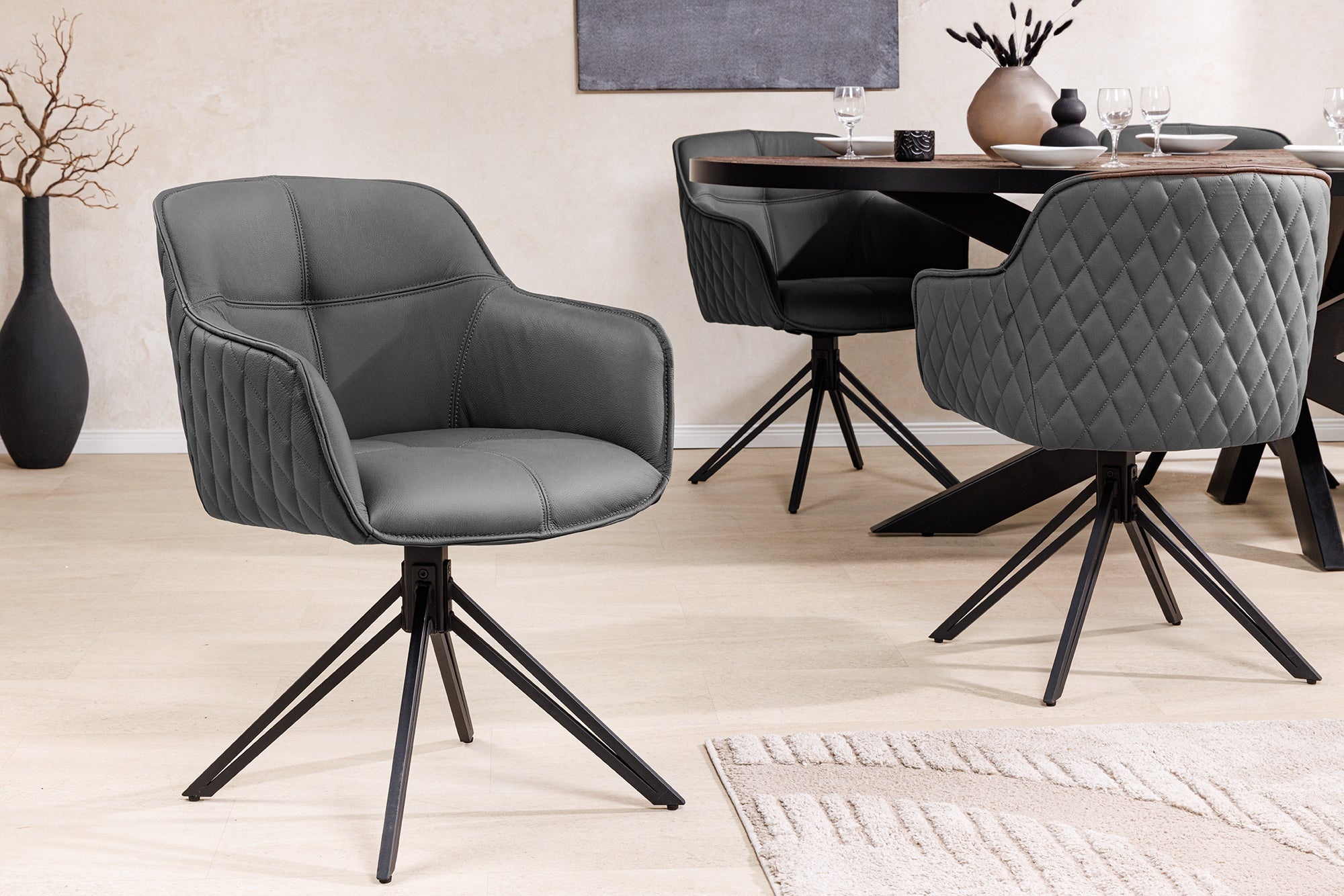 Draaibare designstoel EUPHORIA Grijs echt leer zwart metalen frame met armleuning - 45860 afbeelding