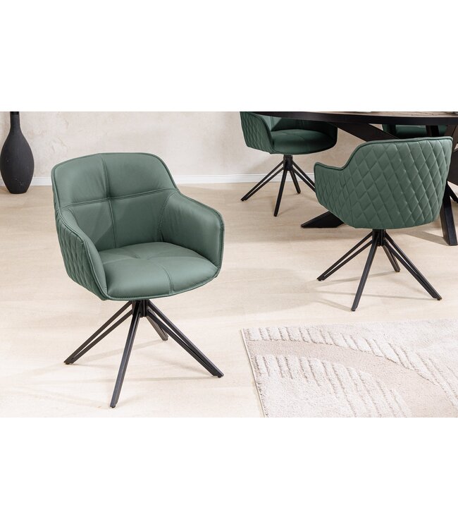 Invicta Interior Draaibare Design Stoel EUPHORIA Groen Echt Leer Zwart Metalen Frame met Armleuning - 45863