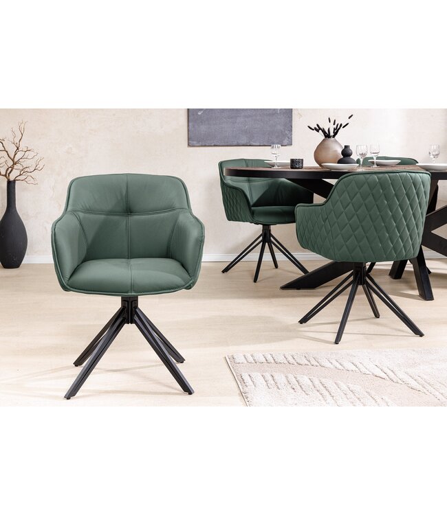 Invicta Interior Draaibare Design Stoel EUPHORIA Groen Echt Leer Zwart Metalen Frame met Armleuning - 45863