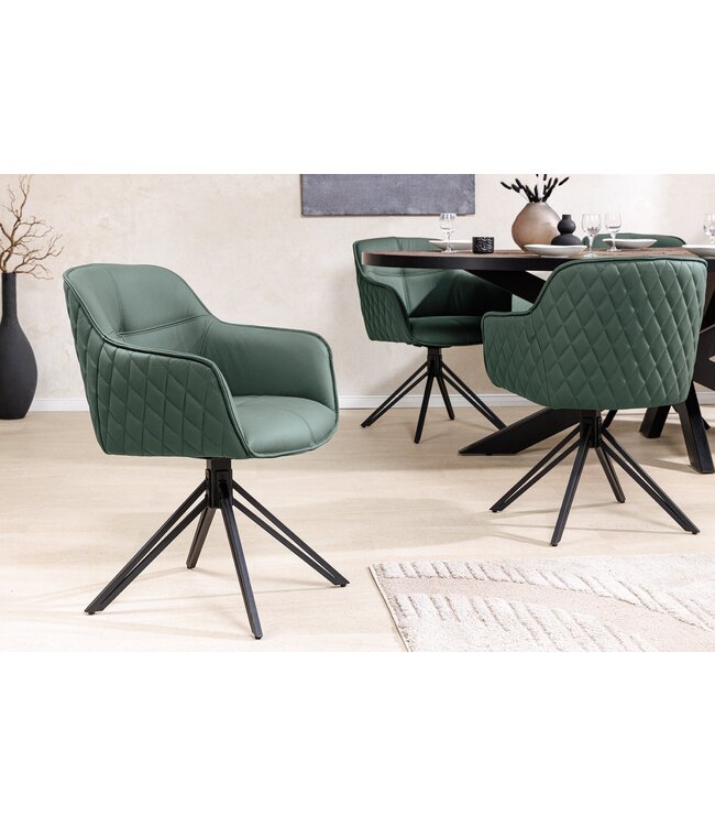 Invicta Interior Draaibare Design Stoel EUPHORIA Groen Echt Leer Zwart Metalen Frame met Armleuning - 45863