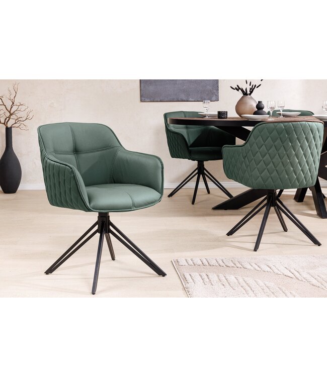 Invicta Interior Draaibare Design Stoel EUPHORIA Groen Echt Leer Zwart Metalen Frame met Armleuning - 45863