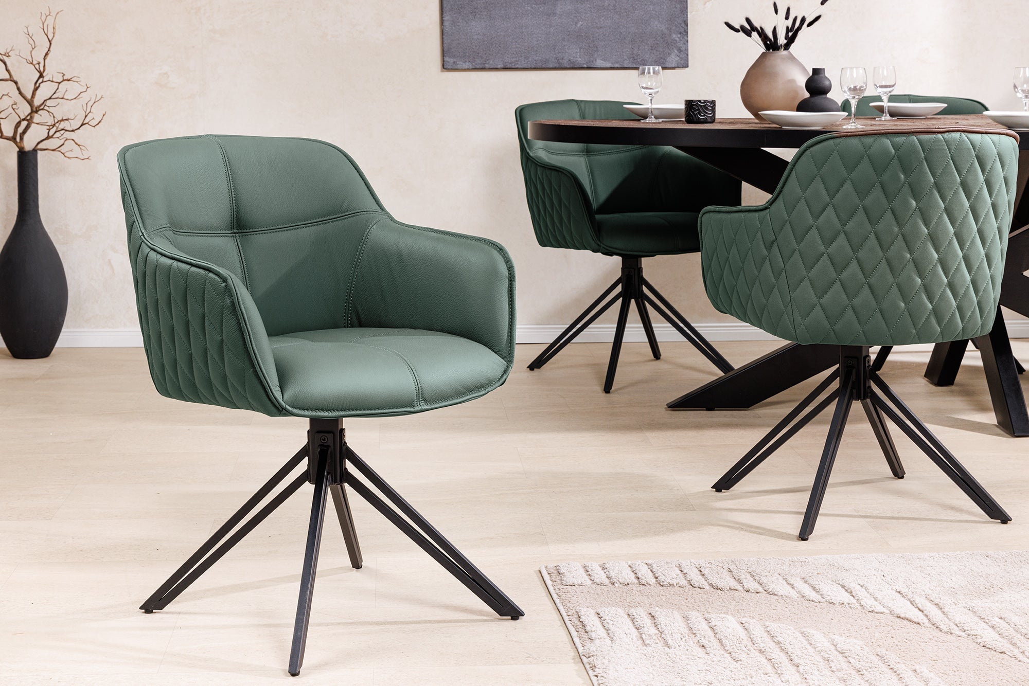 Draaibare Design Stoel EUPHORIA Groen Echt Leer Zwart Metalen Frame met Armleuning - 45863 afbeelding