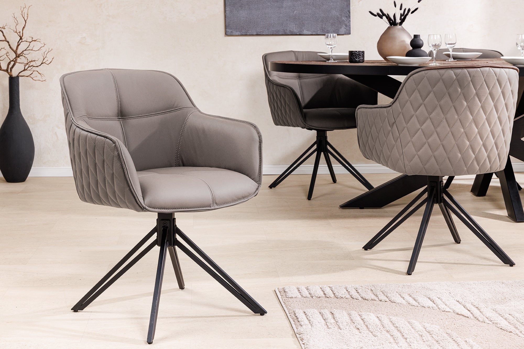 Draaibare Design Stoel EUPHORIA taupe Echt Lederen Zwart Metalen Frame met Armleuning - 45862 afbeelding