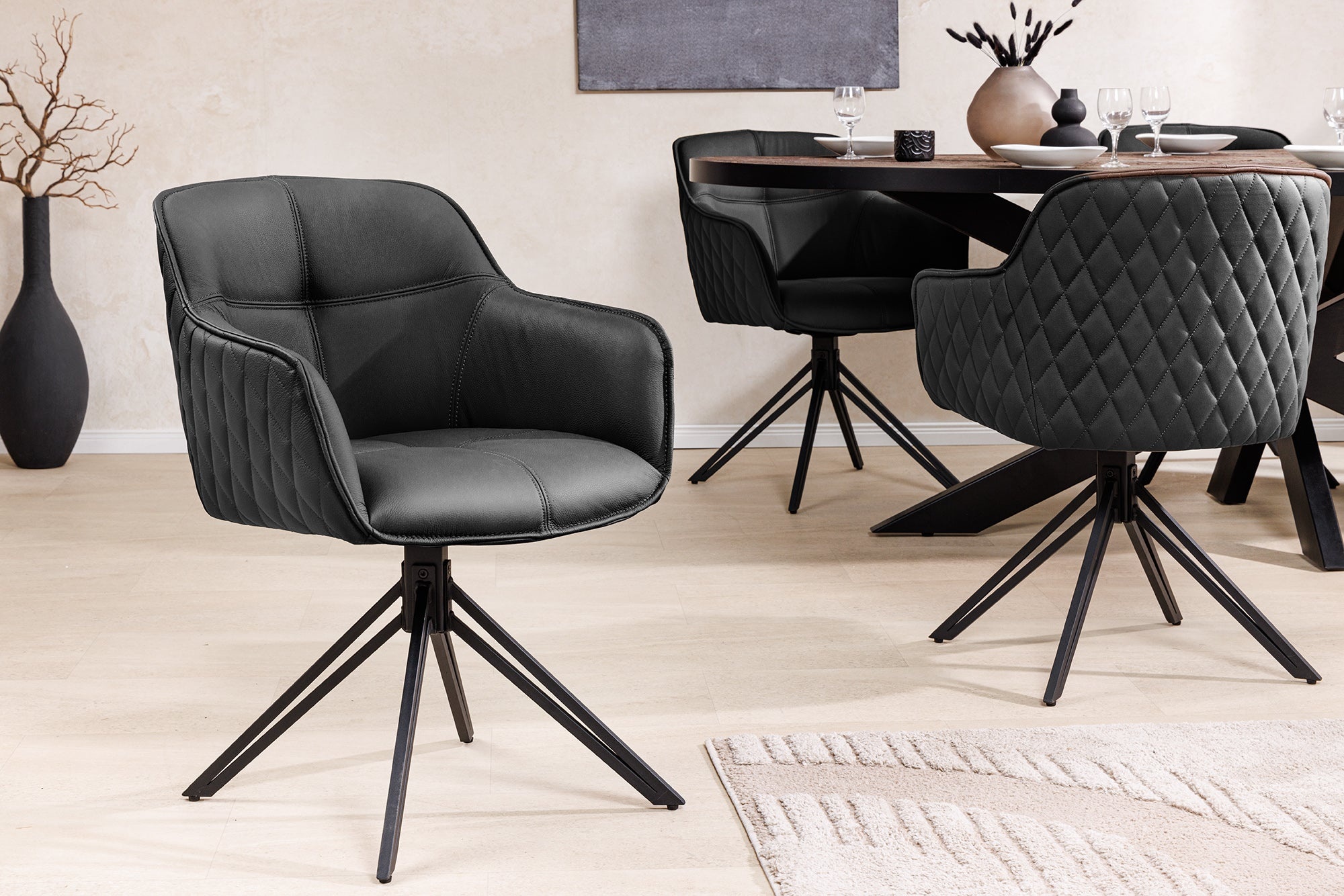 Draaibare designstoel EUPHORIA Zwart echt lederen metalen frame met armleuning - 45859 afbeelding