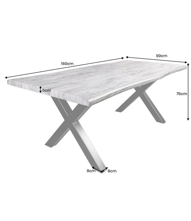 Invicta Interior Industriële eettafel WILD 160cm grijs witgekalkt wild eiken design boomrand zwart X-poot - 45085