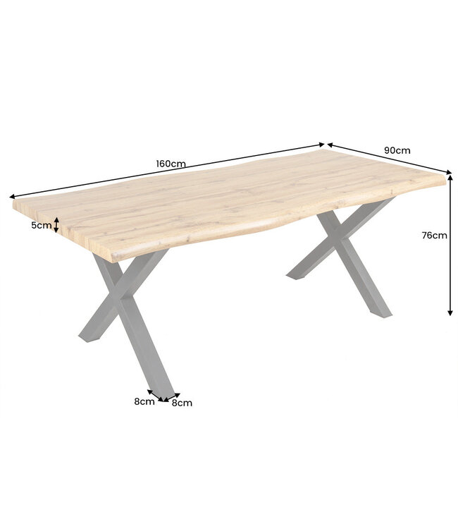 Invicta Interior Industriële eettafel WILD 160cm bruin wild eiken design boomrand zwart X-poot - 45082
