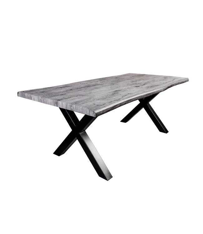 Invicta Interior Industriële eettafel WILD 180cm Grijs Gelimd Wild Eiken Design Boomrand Zwart X-Frame - 45086