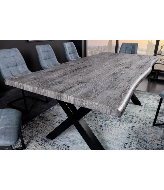 Invicta Interior Industriële eettafel WILD 180cm Grijs Gelimd Wild Eiken Design Boomrand Zwart X-Frame - 45086