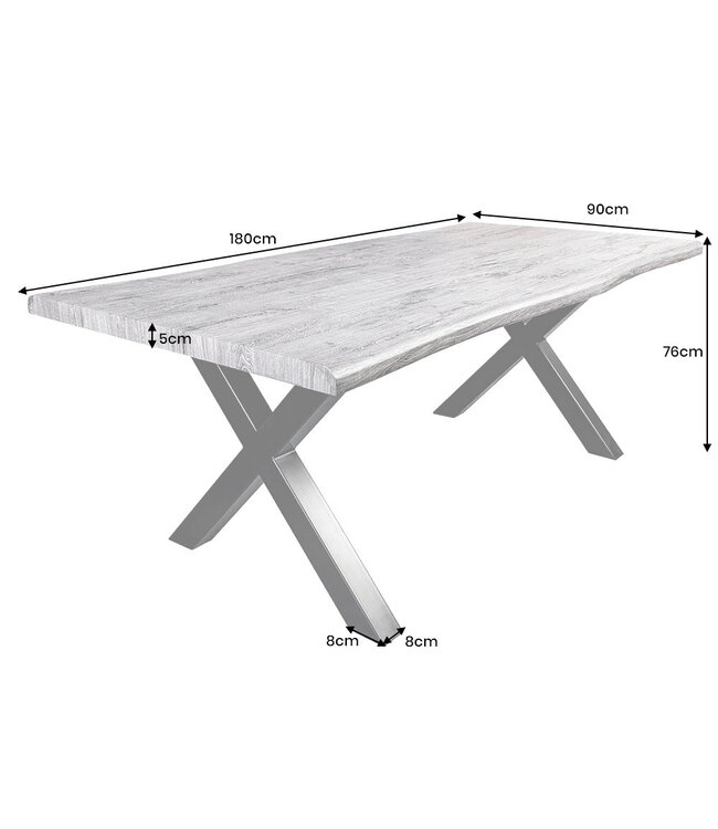 Invicta Interior Industriële eettafel WILD 180cm Grijs Gelimd Wild Eiken Design Boomrand Zwart X-Frame - 45086