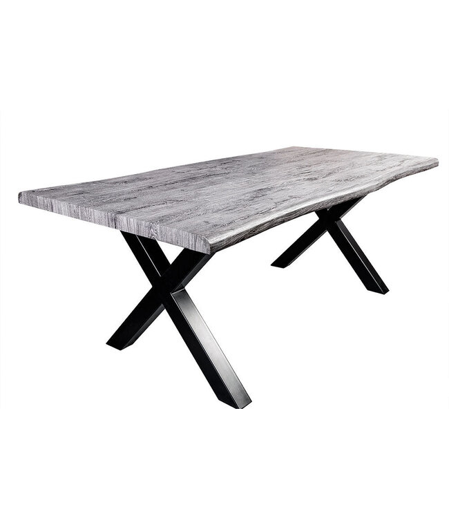 Invicta Interior Industriële eettafel WILD 200cm grijs witgekalkt wild eiken design boomrand zwart X-poot - 45087