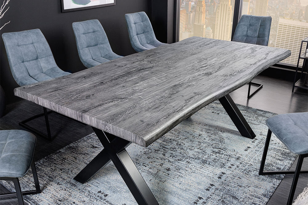 Industriële eettafel WILD 200cm grijs witgekalkt wild eiken design boomrand zwart X-poot - 45087 afbeelding