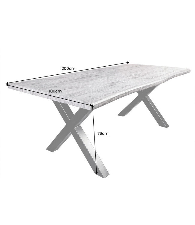 Invicta Interior Industriële eettafel WILD 200cm grijs witgekalkt wild eiken design boomrand zwart X-poot - 45087