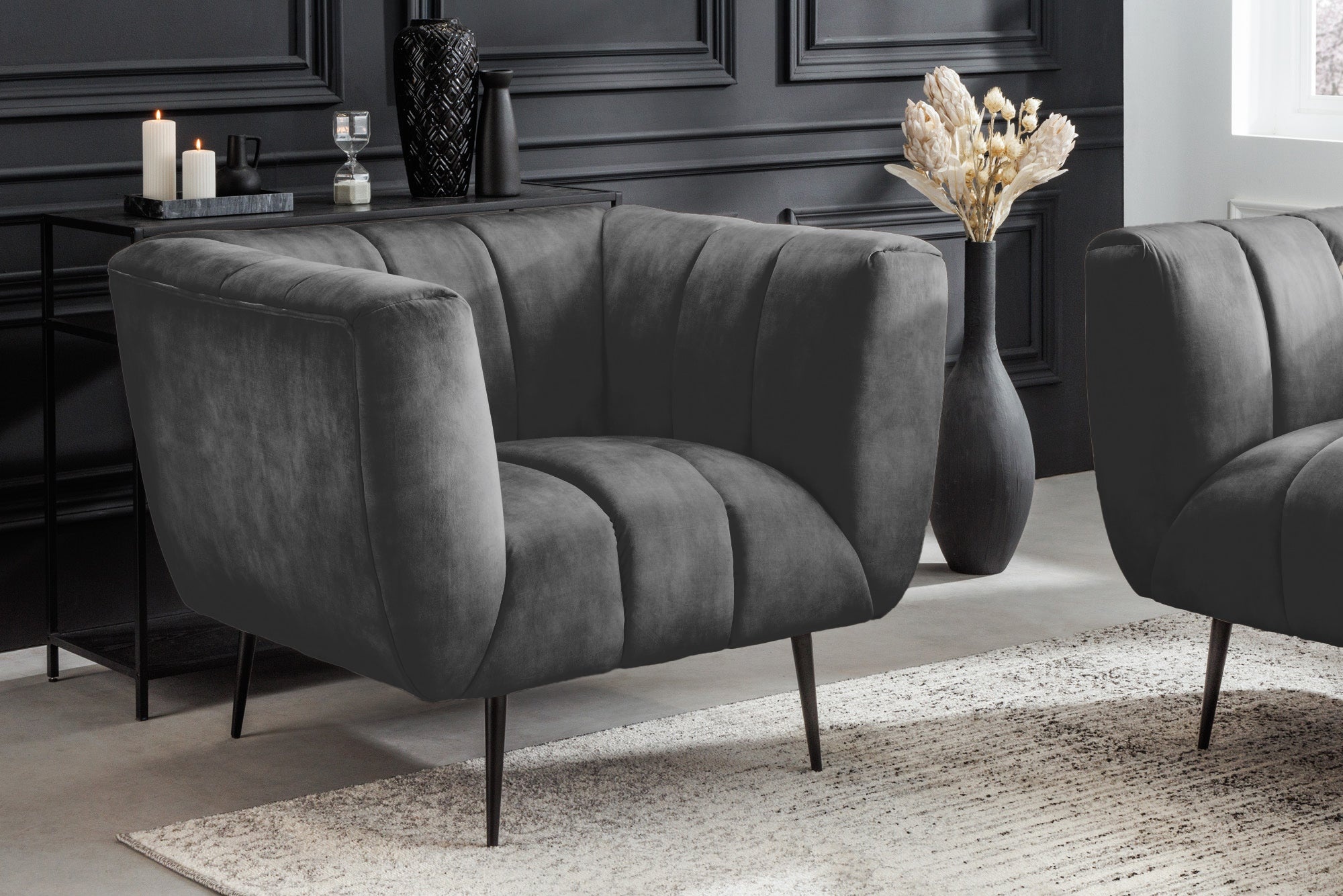 Retro fauteuil NOBLESSE 105cm grijs fluweel zwart metalen poten lente kern decoratief stiksel - 44540