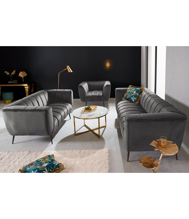 Invicta Interior Retro fauteuil NOBLESSE 105cm grijs fluweel zwart metalen poten lente kern decoratief stiksel - 44540