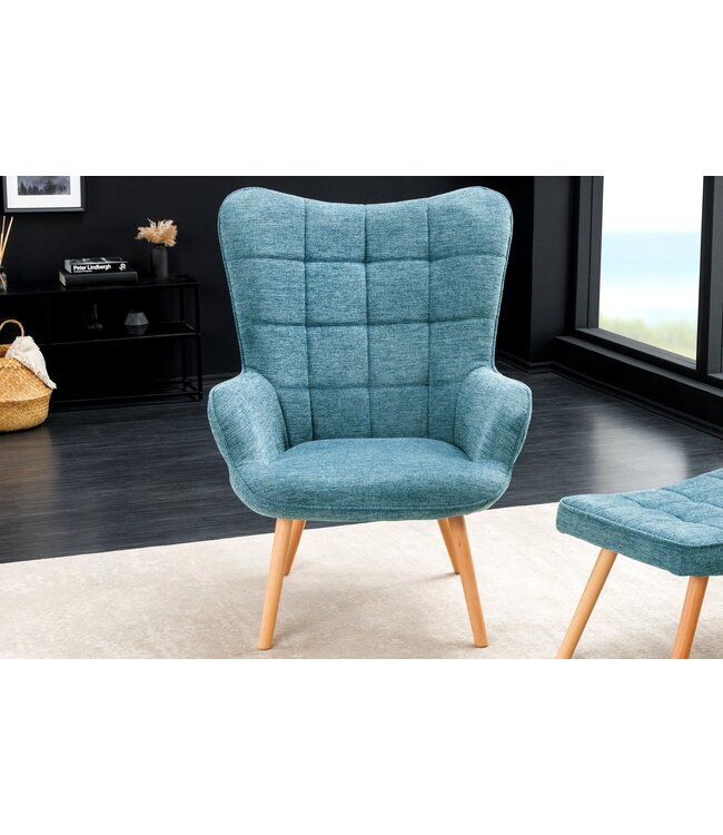 Invicta Interior Moderne fauteuil SCANDINAVIA blauw getextureerde massief houten poten met armleuningen - 44024