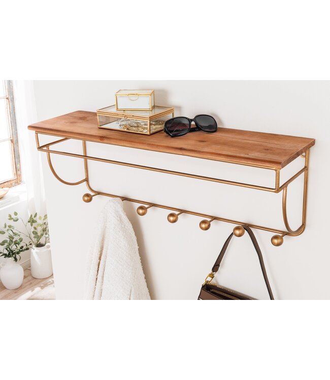 Invicta Interior Decoratieve wandkapstok HERITAGE 80 cm naturel goud messing grenen metaal met plank  - 44479