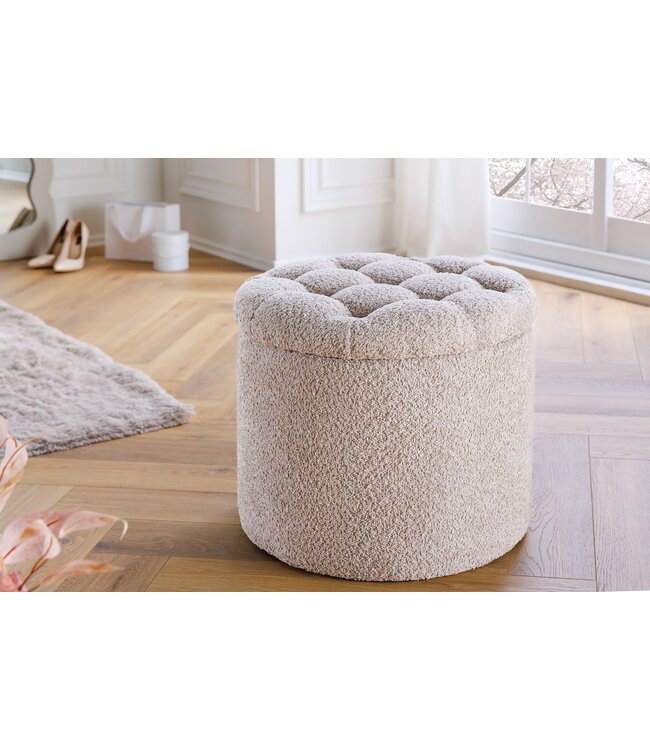 Invicta Interior Ronde kruk MODERN BAROQUE 50cm champagne bouclé met opbergruimte - 45066