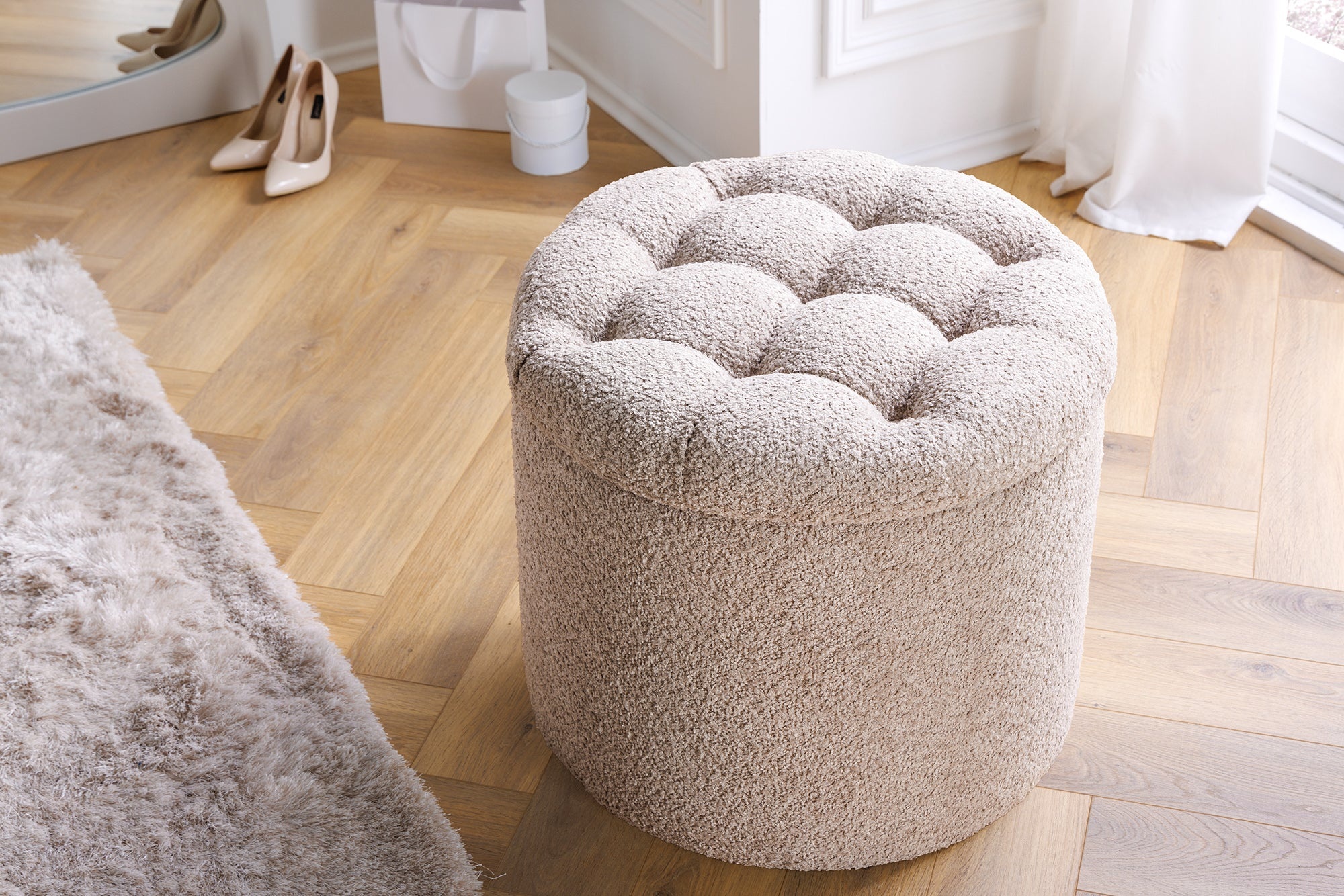 Ronde kruk MODERN BAROQUE 50cm champagne bouclé met opbergruimte - 45066 afbeelding