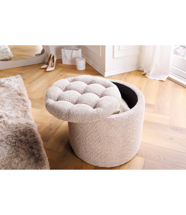 Invicta Interior Ronde kruk MODERN BAROQUE 50cm champagne bouclé met opbergruimte - 45066