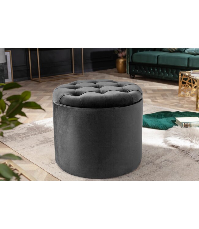 Invicta Interior Ronde kruk MODERN BAROK 50cm Grijs Fluweel met opbergruimte - 44747