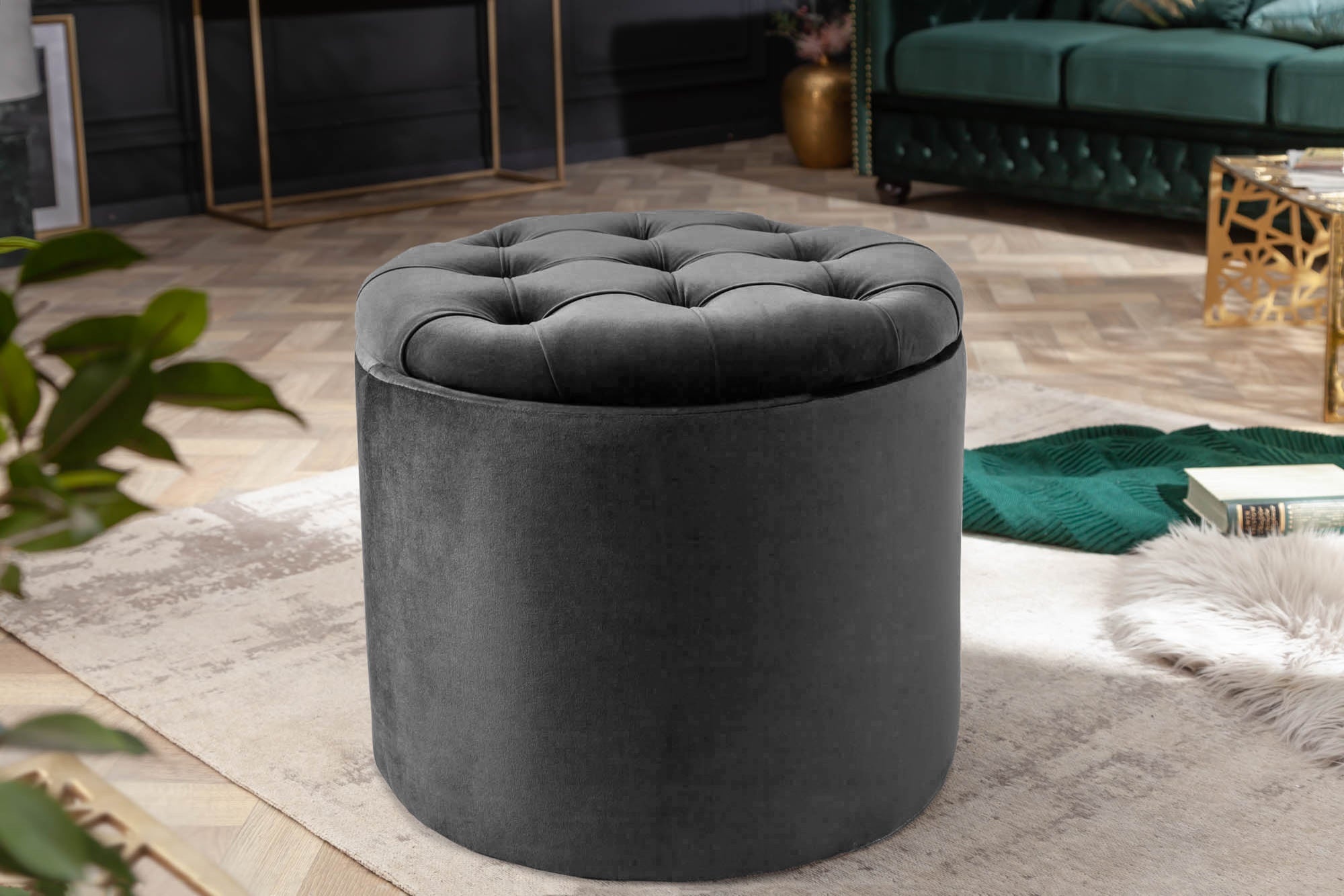 Ronde kruk MODERN BAROK 50cm Grijs Fluweel met opbergruimte - 44747 afbeelding