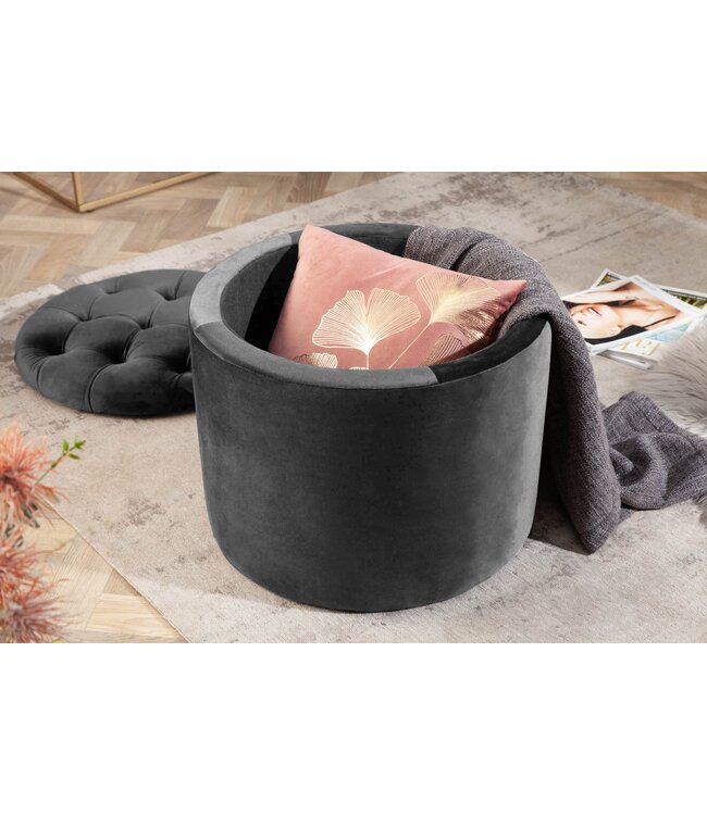 Invicta Interior Ronde kruk MODERN BAROK 50cm Grijs Fluweel met opbergruimte - 44747