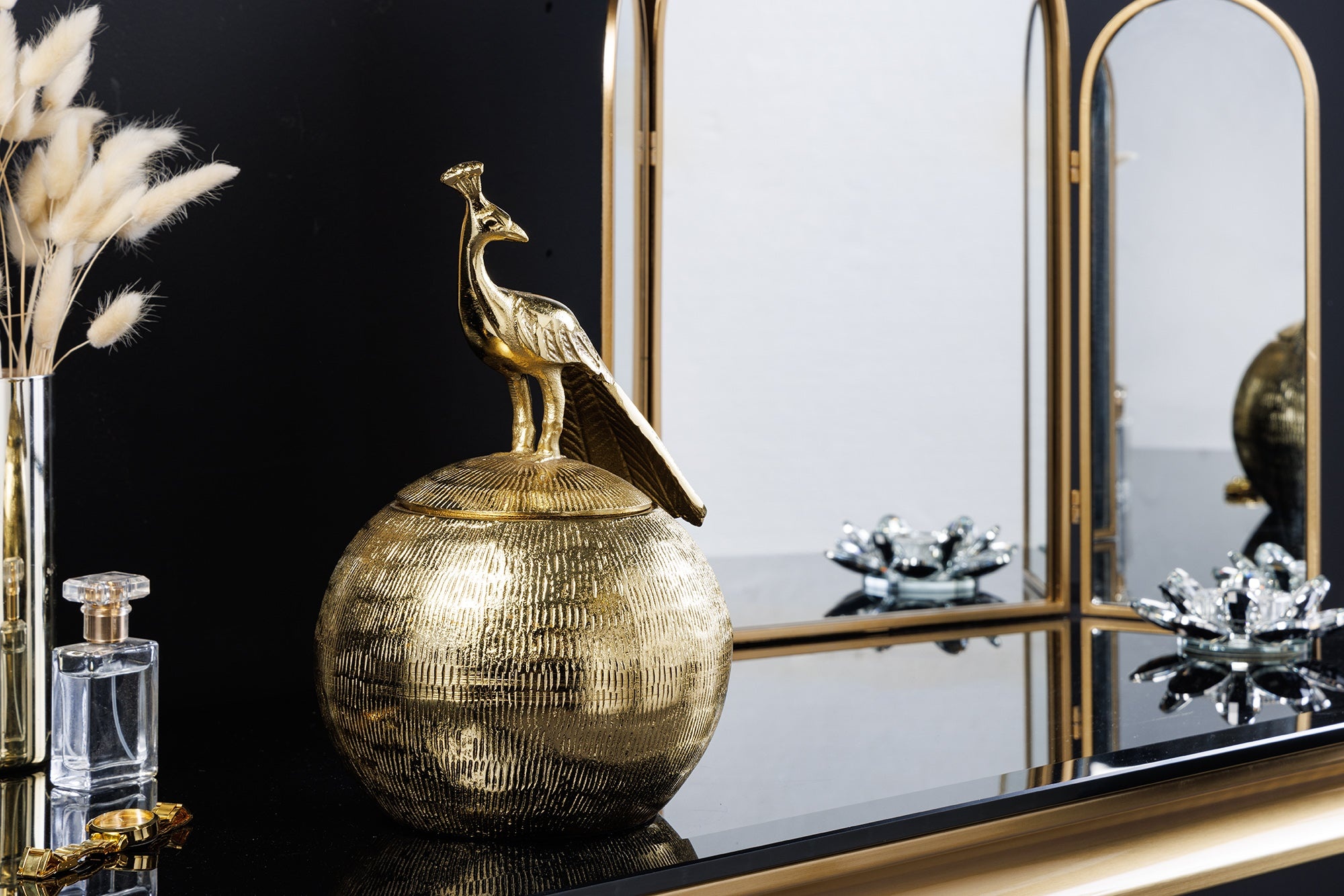 Decoratief doosje WILDLIFE BIRD 30cm goud antiek rond metaal - 44837 afbeelding