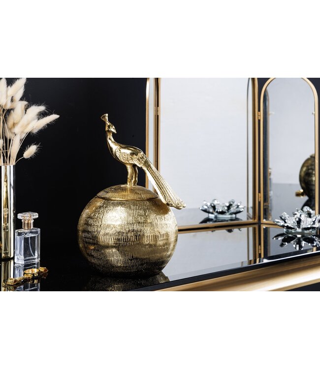 Invicta Interior Decoratief doosje WILDLIFE BIRD 30cm goud antiek rond metaal - 44837