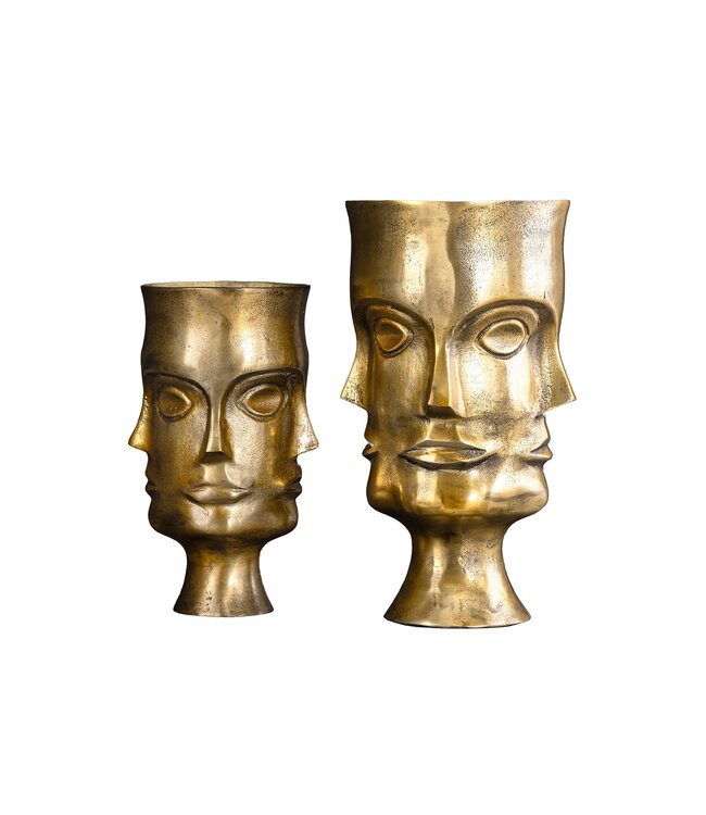 Invicta Interior Handgemaakte Set van 2 Vazen FACE 40cm Antiek Messing Metalen Bloempotten - 44872