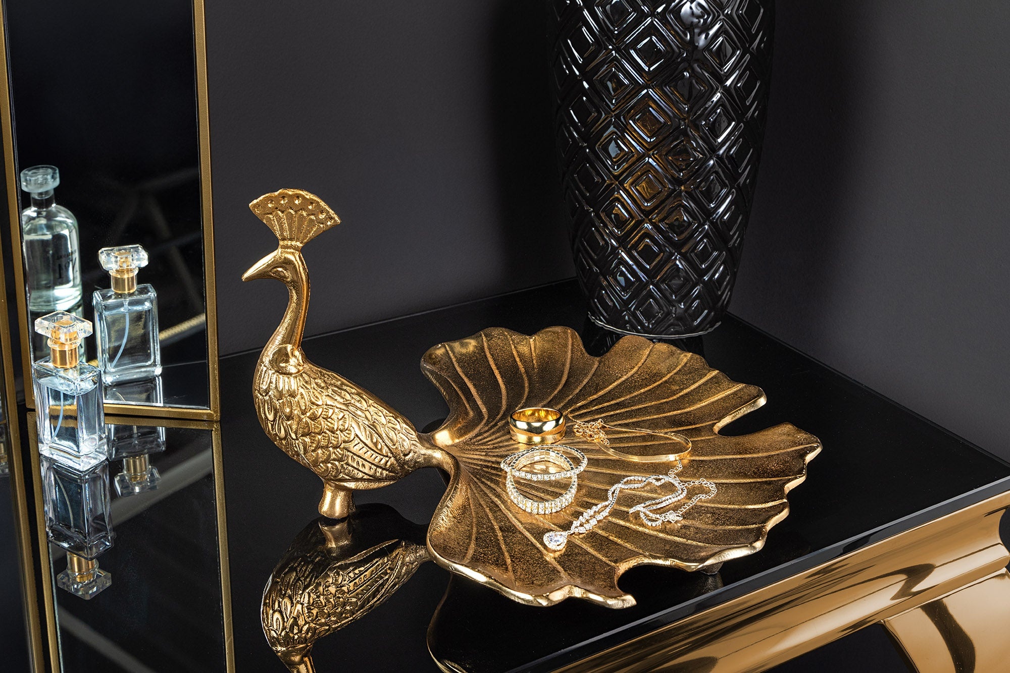 Handgemaakte serveerschaal WILDLIFE PEACOCK 40cm gouden metalen pauw sculptuur - 44894 afbeelding