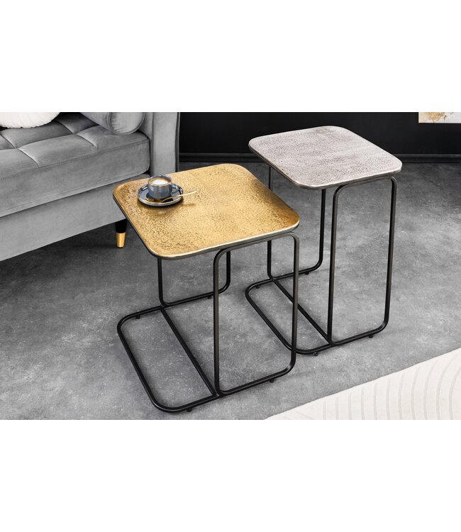 Invicta Interior Set van 2 bijzettafel ABSTRACT 55cm goud zilver zwart metaal handgemaakt - 43516
