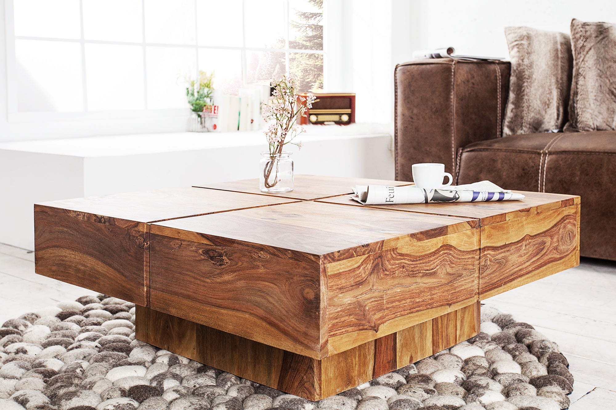 Design massief houten salontafel BOLT 70cm bruin sheesham steen afwerking handgemaakt - 43673 afbeelding
