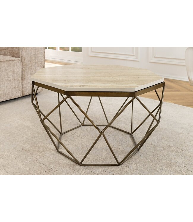 Invicta Interior Handgemaakte salontafel DIAMOND 70cm beige travertijn messing ijzer - 45204