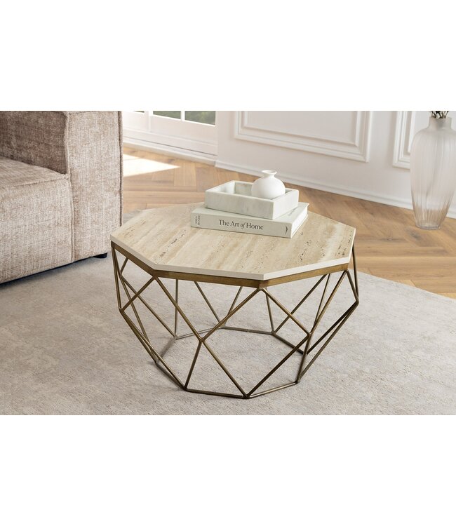 Invicta Interior Handgemaakte salontafel DIAMOND 70cm beige travertijn messing ijzer - 45204