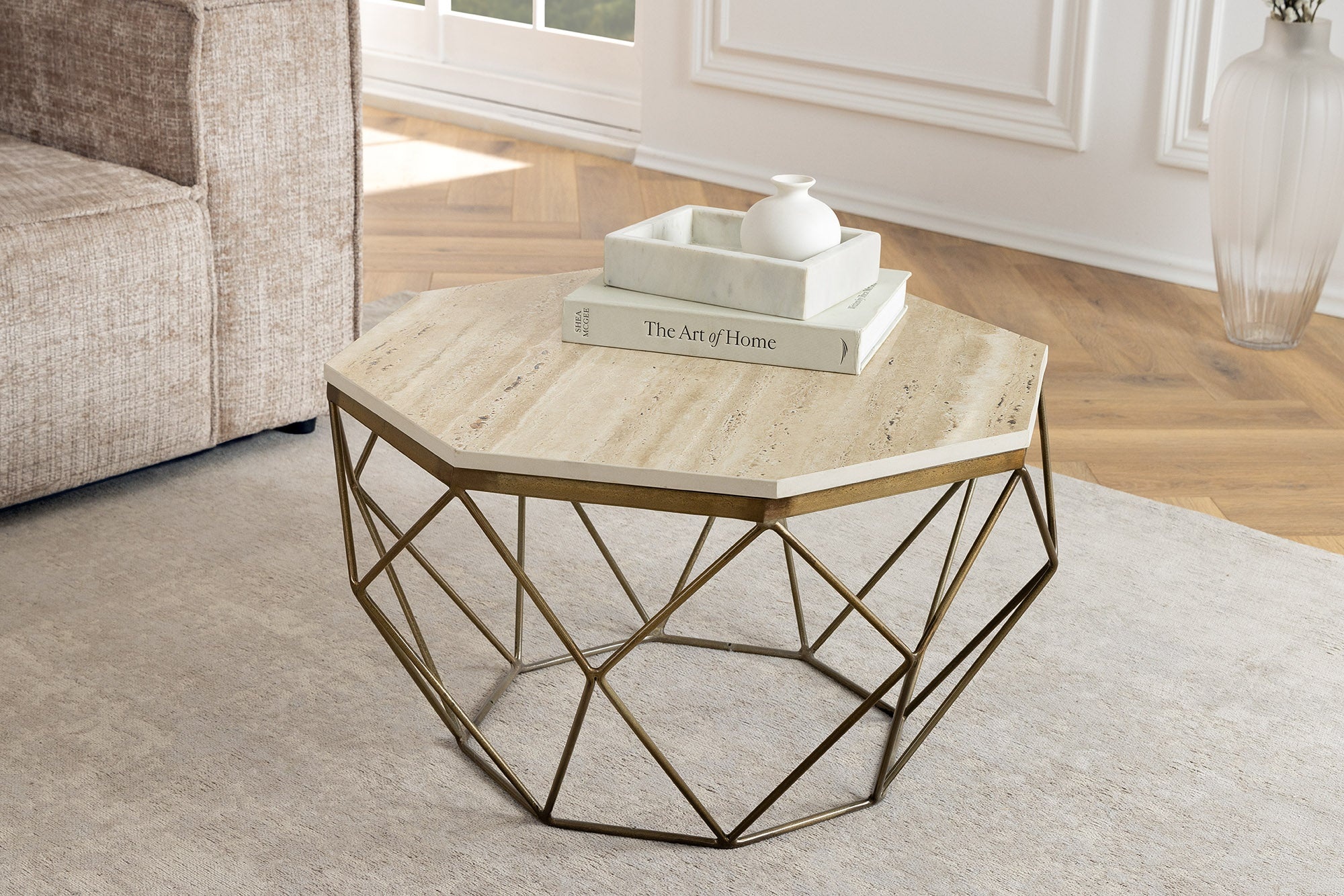 Handgemaakte salontafel DIAMOND 70cm beige travertijn messing ijzer - 45204 afbeelding