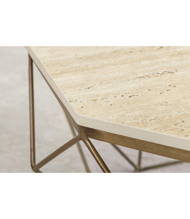 Invicta Interior Handgemaakte salontafel DIAMOND 70cm beige travertijn messing ijzer - 45204