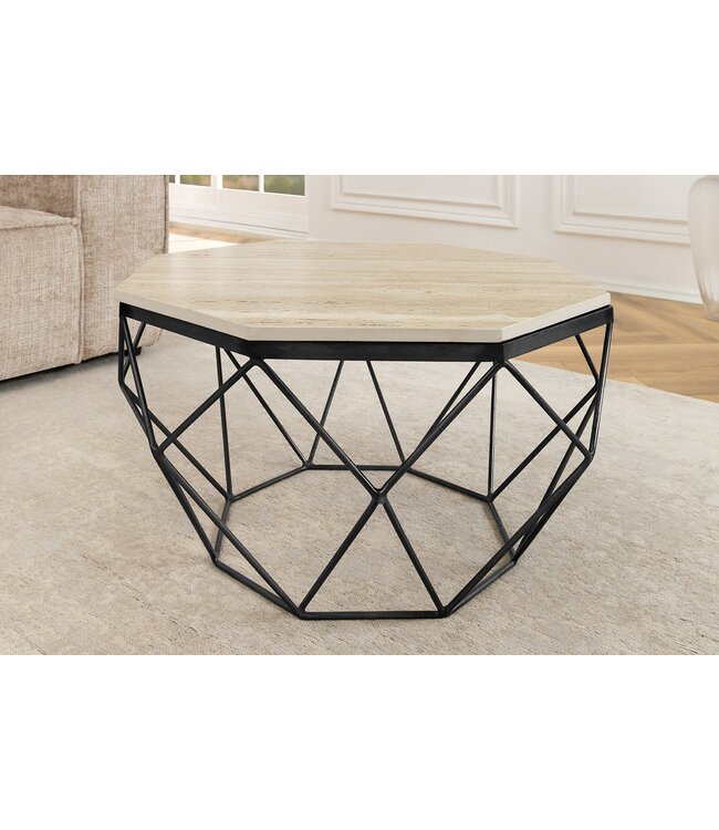 Invicta Interior Handgemaakte salontafel DIAMOND 70cm beige travertijn zwart ijzer - 45205
