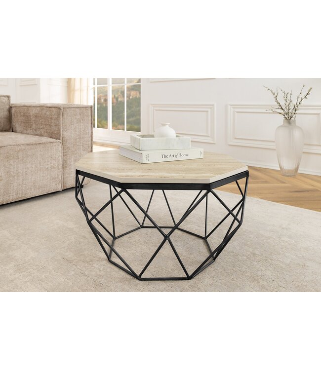 Invicta Interior Handgemaakte salontafel DIAMOND 70cm beige travertijn zwart ijzer - 45205