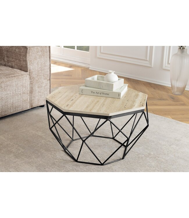 Invicta Interior Handgemaakte salontafel DIAMOND 70cm beige travertijn zwart ijzer - 45205