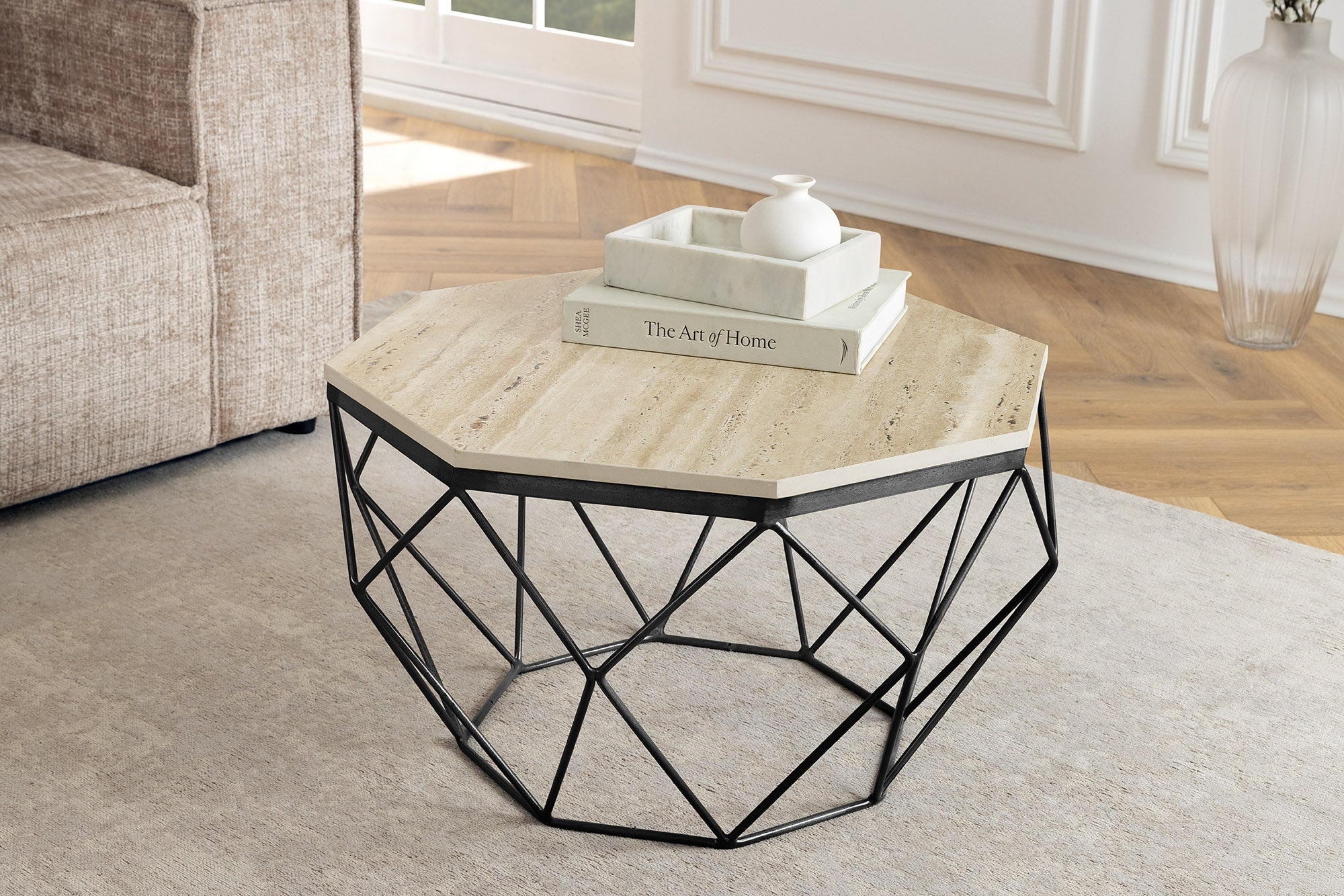 Handgemaakte salontafel DIAMOND 70cm beige travertijn zwart ijzer - 45205 afbeelding