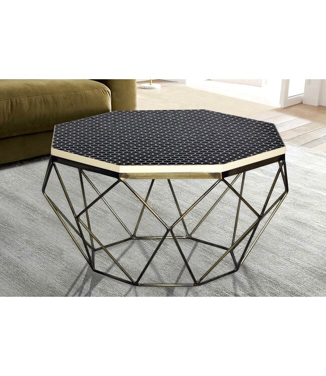 Invicta Interior Beeninleg Salontafel DIAMOND 70cm Zwart Wit Messing Inlegwerk Arts & Crafts - 45215