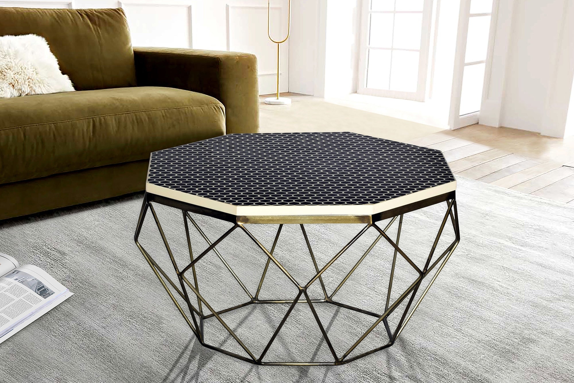 Beeninleg Salontafel DIAMOND 70cm Zwart Wit Messing Inlegwerk Arts & Crafts - 45215 afbeelding